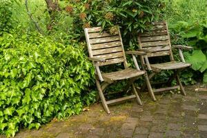 zwei hölzern Stuhl im Garten foto