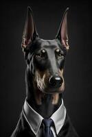 ai generiert Studio Porträt von Fett gedruckt wütend Dobermann Hund im passen Hemd und Krawatte tragen Sonnenbrille foto