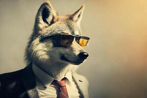 ai generiert Studio Porträt von wütend Fett gedruckt Wolf im Anzug, Shirt, Krawatte foto