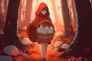 ai generiert Bild von wenig rot Reiten Haube, Märchen Persönlichkeit Gehen im das Wald mit Korb im ihr Hand foto