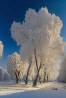 Gruppe von Bäume Das sind bedeckt im Schnee. generativ ai. foto