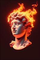 Statue von griechisch im das Flamme von Feuer ai generiert foto