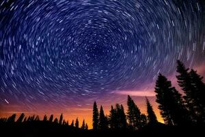 atemberaubend Nacht Himmel gefüllt mit Sterne und umgeben durch Bäume. generativ ai foto