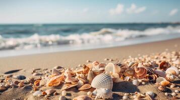 Muscheln auf Strand - - Strand Urlaub Hintergrund ai generiert foto