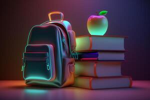 Neon- zurück zu Schule Hintergrund, Bücher, Apfel und Rucksack ai generiert foto