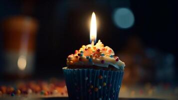Geburtstag Cupcake mit ein Kerze Bokeh ai generiert foto