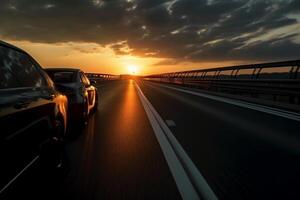 Auto Fahren schnell auf das Autobahn Straße gegen Himmel mit Sonnenuntergang ai generiert foto