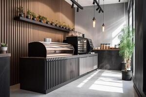 modern, Luxus Design Cafe, gewellt Zähler mit Espresso Maschine, Kuchen Anzeige Kühlschrank ai generiert foto