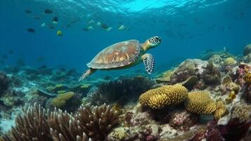 unter Wasser Tauchen tropisch Szene mit Meer Leben im das Riff ai generiert foto