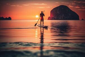Stand oben Paddel Einsteigen auf ruhig Meer beim Sonnenuntergang mit schön Farben während warm Sommer- ai generiert foto