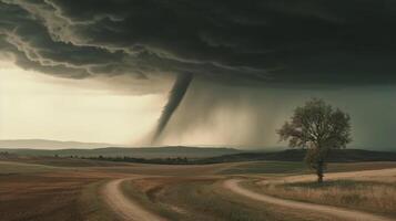 Tornado im stürmisch Landschaft - - Klima Veränderung und natürlich Katastrophe Konzept ai generiert foto