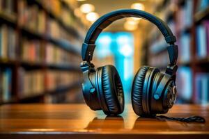 auditorisch literarisch Reise, Kopfhörer im ein Bibliothek Einstellung, betonen Audio- Bücher ai generiert foto