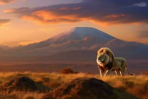ikonisch Savanne Szene, Löwen Porträt mit montieren Kilimanjaro beim Sonnenuntergang ai generiert foto