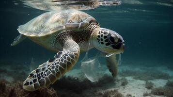 Meer Schildkröte Essen Plastik unter das Meer ai generiert foto