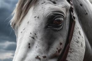 auffällig Pferd Auge strahlt Stärke gegen wolkig Himmel, fließend Mähne ai generiert foto