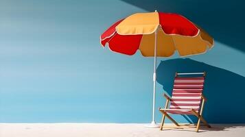 Strand Stuhl und Regenschirm auf Blau Hintergrund. generativ ai foto
