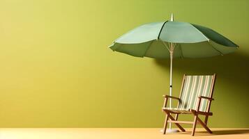 Strand Stuhl und Regenschirm auf Grün Hintergrund mit Exemplar. generativ ai foto