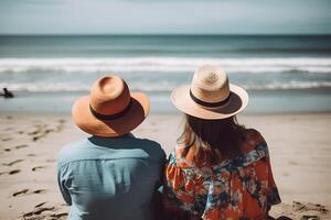zurück Aussicht von Paar Sitzung auf ein Strand tragen Hüte. generativ ai foto