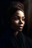 Porträt von ein schön afrikanisch Muslim Frau tragen Kopftuch. generativ ai foto