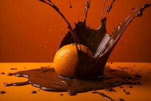 Spritzen von Schokolade mit Orange auf Orange Hintergrund mit Copyspace foto