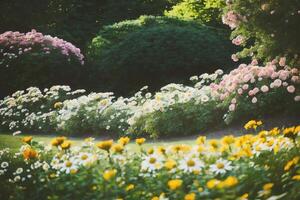 Eindruck von Harmonie im blühen schön Strauß von Rosen Lilien und Gänseblümchen . ai generiert. foto