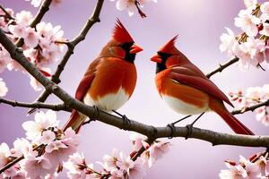 Nord Kardinal Vögel auf Kirsche blühen Baum. ai generiert. foto