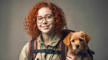 jung rot lockig Haar Frau Backpacker Tragen ihr Schulter Rucksack zu Reise zusammen mit ihr Hund, generativ ai foto