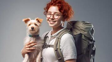 jung rot lockig Haar Frau Backpacker Tragen ihr Schulter Rucksack zu Reise zusammen mit ihr Hund, generativ ai foto