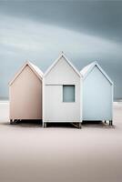 Paar von Strand Hütten Sitzung auf oben von ein sandig Strand. generativ ai. foto