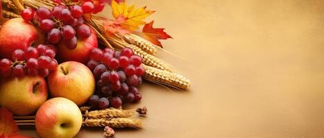 festlich Herbst und glücklich das Erntedankfest Dekor von Kürbisse, Beeren und Blätter. ai generiert. foto