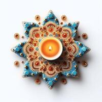 Illustration von Diwali Festival Diya Lampe mit Rangoli beim das Unterseite. ai generiert. foto