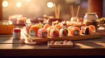 ai generiert. elegant Komposition von beschwingt Sushi Rollen auf hölzern Tafel. Vitrine das kunstvoll Präsentation und frisch Aromen von japanisch Küche. foto