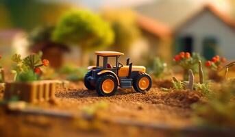 ai generiert. Miniatur Lehm Welt bezaubernd einfrieren Rahmen Animation mit Ausgezeichnet Beleuchtung. wunderlich Gartenbau und landwirtschaftlich Maschinen im Neigung Verschiebung Landschaft. foto