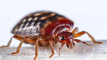 ai generiert. Nahansicht von Bettwanze Cimex Hemipteros auf Weiß Hintergrund. Makro Fotografie Aufschlussreich kompliziert Einzelheiten von diese gruselig Pest. Wirksam Pest Steuerung und Ausrottung. foto