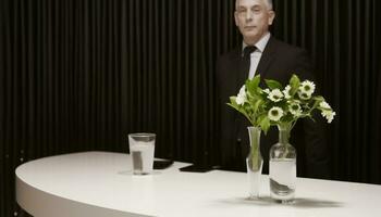 zuversichtlich Geschäftsmann halten trinken, Stehen im Vorderseite von Luxus Tabelle generiert durch ai foto