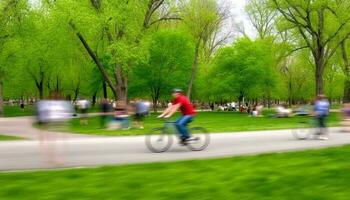 Männer Radfahren im Natur, verschwommen Bewegung, Geschwindigkeit, gesund Lebensstil generiert durch ai foto