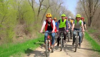 Gruppe von Menschen Radfahren draußen, lächelnd, genießen gesund Lebensstil generiert durch ai foto