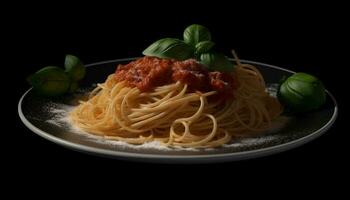 frisch Italienisch Vegetarier Pasta mit hausgemacht Bolognese Soße und Parmesan Käse generiert durch ai foto