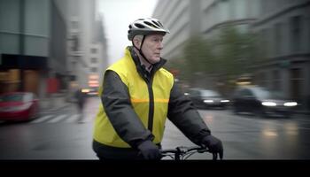 jung Erwachsene Radfahrer tapfere Regen und der Verkehr im Stadt pendeln generiert durch ai foto