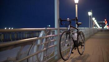 Blau Fahrrad Geschwindigkeiten durch beleuchtet Stadt Straße beim Dämmerung generiert durch ai foto