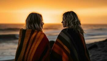 zwei jung Frauen lächelnd, genießen Natur Schönheit beim Sonnenuntergang generiert durch ai foto