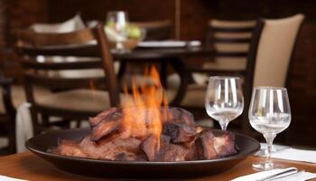 gegrillt Schweinefleisch Steak auf Holz Platte, Gourmet Mahlzeit drinnen generiert durch ai foto