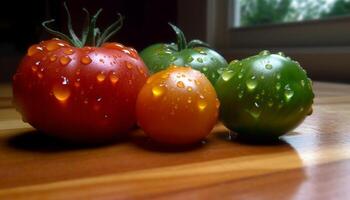 frisch organisch Tomate Salat, ein gesund Gourmet Mahlzeit auf Holz generiert durch ai foto