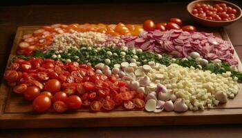 gesund Vegetarier Mahlzeit Pasta Salat mit frisch organisch Gemüse generiert durch ai foto