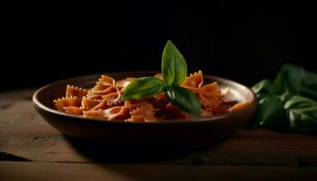 gesund Pasta Mahlzeit mit frisch Kräuter auf rustikal hölzern Tabelle generiert durch ai foto