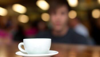 jung Erwachsene halten ein frisch Latté, genießen ein Kaffee brechen generiert durch ai foto