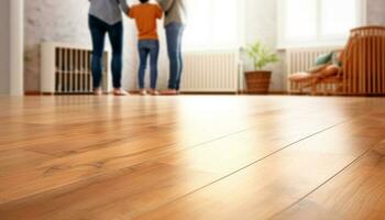 Familie spielen auf Parkett Fußboden im modern Wohnung zusammen glücklich generiert durch ai foto