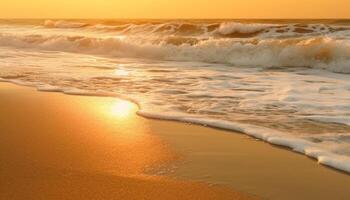 golden Sonne setzt Über still Gewässer, Wellen planschen auf Sand generiert durch ai foto