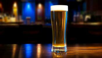 schaumig Bier Glas auf Bar Tisch, beleuchtet durch Nachtclub Beleuchtung generiert durch ai foto