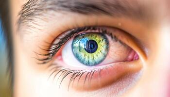 Blau und Grün Augen starren, schließen oben Porträt von jung Frauen generiert durch ai foto